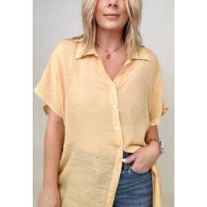 GiGio Boho Tunic‎ Top XL 3/4 Sleeve V-Neck Gauzy  Beach Casual Yellow Gold